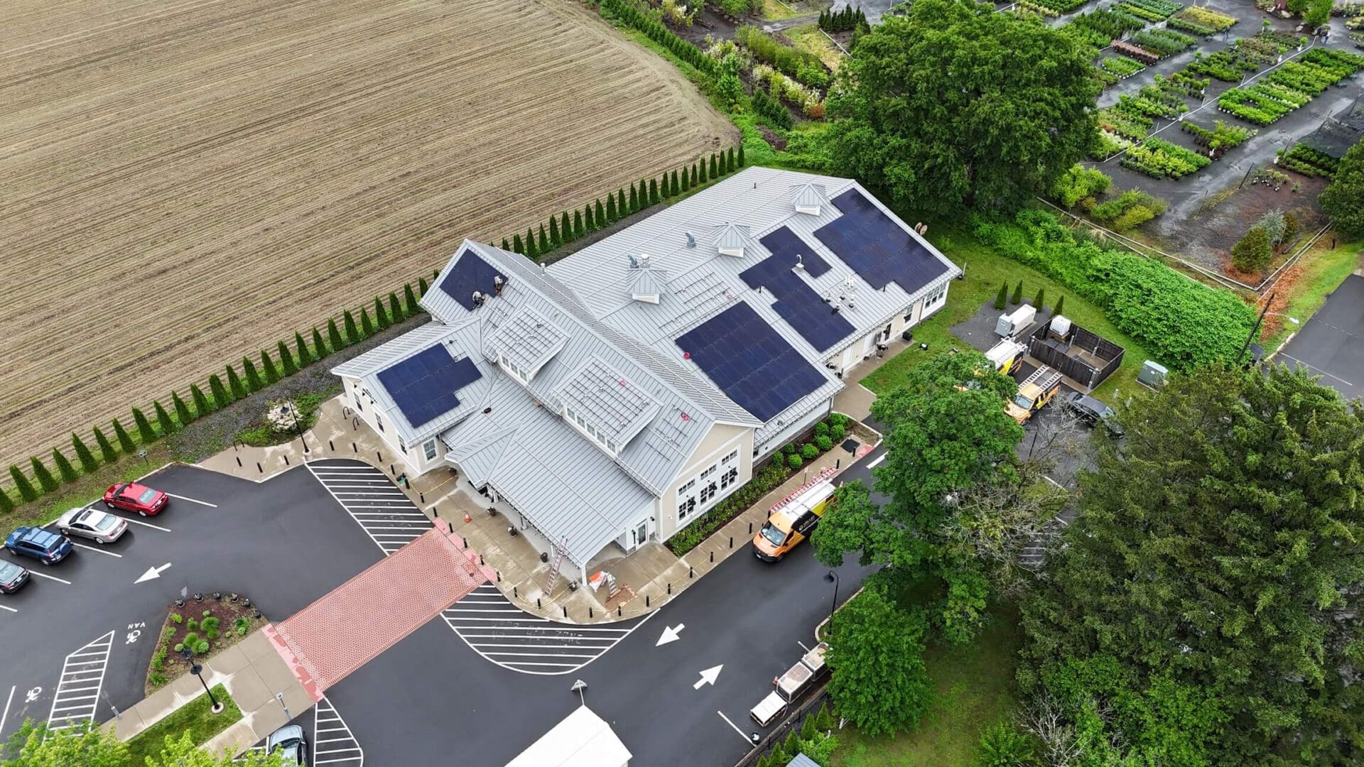 Solar panels on a commercial building for renewable energy, sustainability, and solar power solutions.