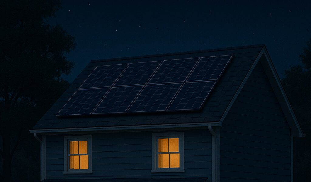 Solar panels on a dark blue house rooftop at night, emphasizing solar energy.