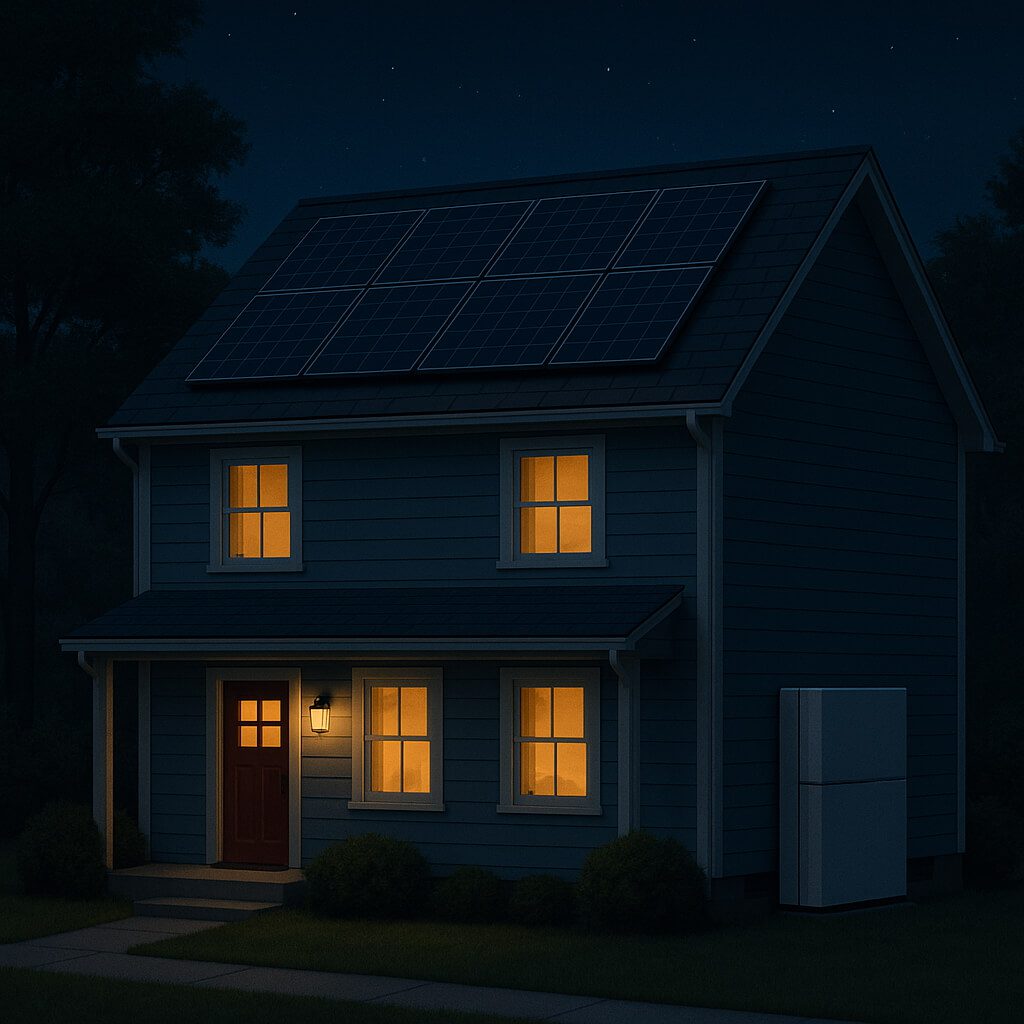Solar panels on a dark blue house rooftop at night, emphasizing solar energy.
