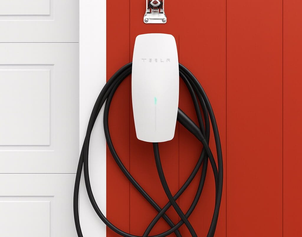 Tesla Powerwall home battery stored on a red wall for solar energy storage.
