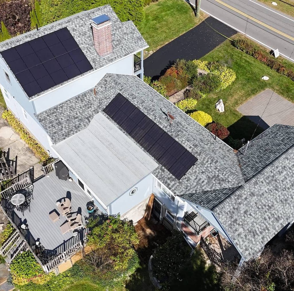 Solar panels installed on residential rooftops for clean energy solutions.
