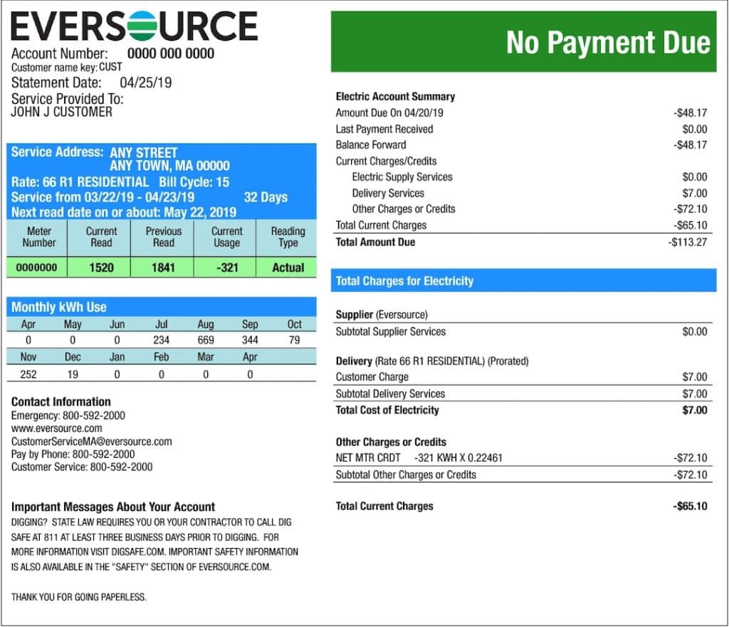 Massachusetts net metering utility bill example